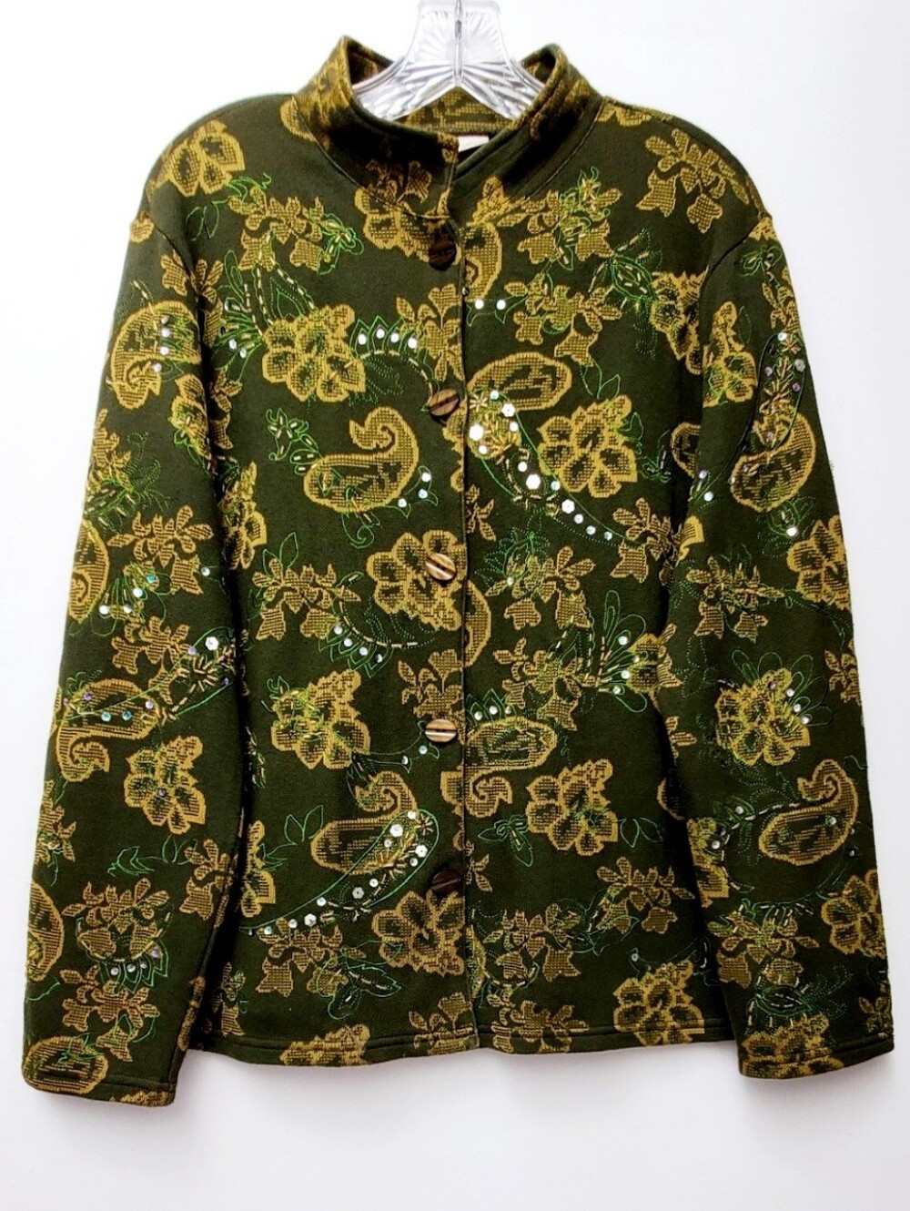 Marsh Landing Green Floral Paisley Knit Cardigan Jacket Sequins Beads Sz Medium
